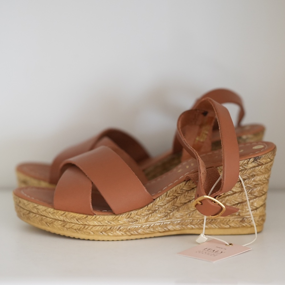 Mila Paoli Brown Leather Wedge Espadrille Platform Slide Sandal Women's 6.5 37